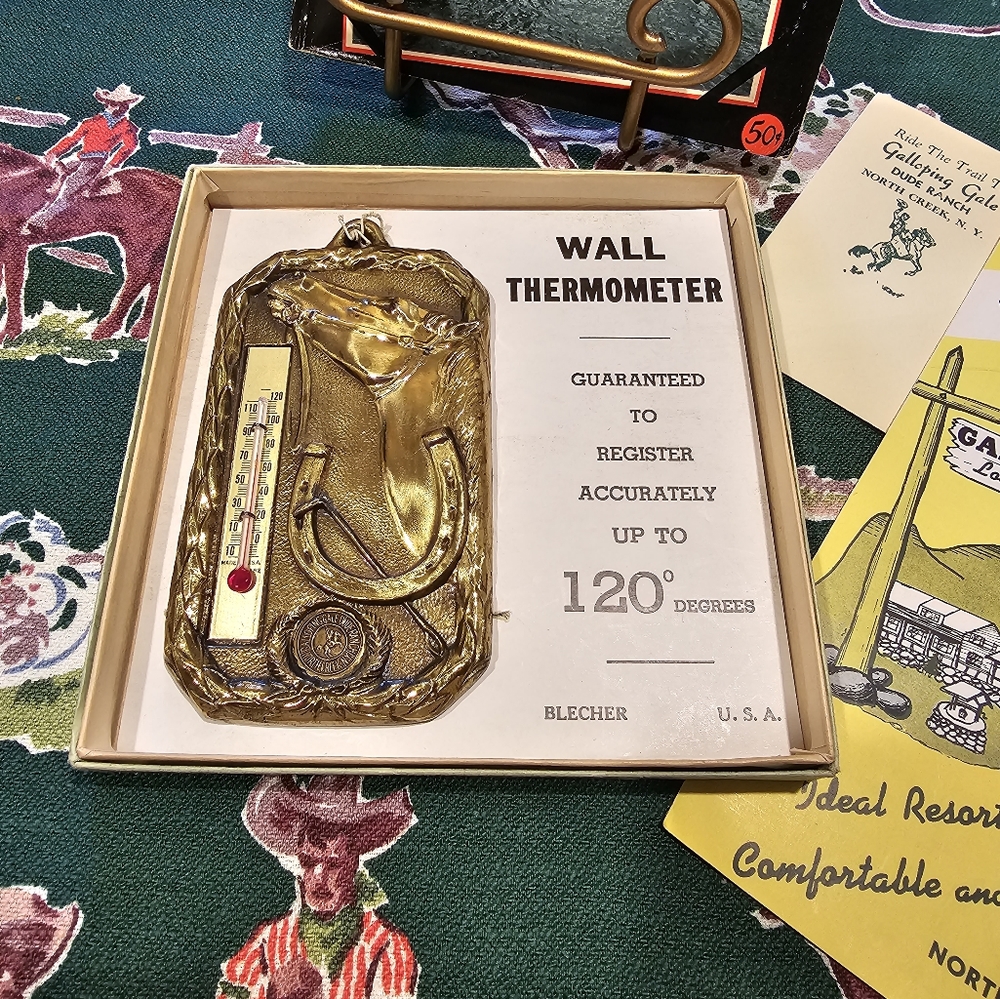 Fabulous Vintage 1940s Solid Brass Wall Thermometer Dude Ranch -Souvenir - NIB
